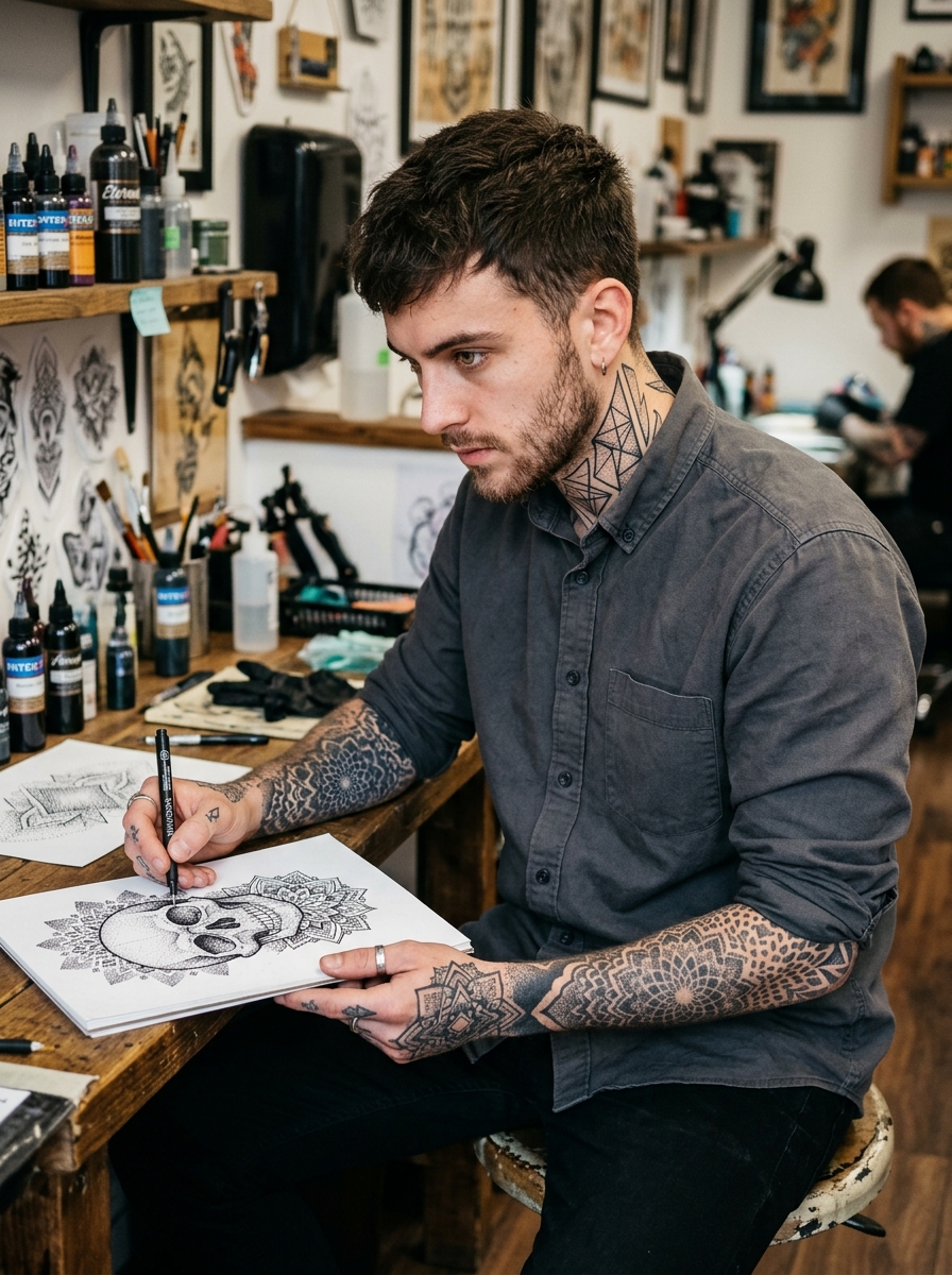 Artiste Damien dessinant flash et dotwork